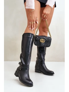 Dámské Kozačky Před Koleno Na Ploché Podpatky S Přezkami Černé Lotina