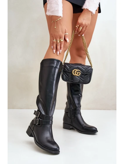 Dámské Kozačky Před Koleno Na Ploché Podpatky S Přezkami Černé Lotina Dámské Kozačky Před Koleno Na Ploché Podpatky S Přezkami Černé Lotina