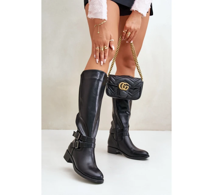 Dámské Kozačky Před Koleno Na Ploché Podpatky S Přezkami Černé Lotina Dámské Kozačky Před Koleno Na Ploché Podpatky S Přezkami Černé Lotina