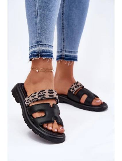 Kožené Dámské Sandály S Páskem Leopard model 21697781 Černé - VINCEZA