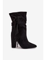 Darlina dámské boty na podpatku s třásněmi a mačkáním zateplené černé