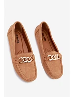 Dámské mokasíny se zlatým řetízkem a imitací semiše Camel Amaretto Dámské mokasíny se zlatým řetízkem a imitací semiše Camel Amaretto