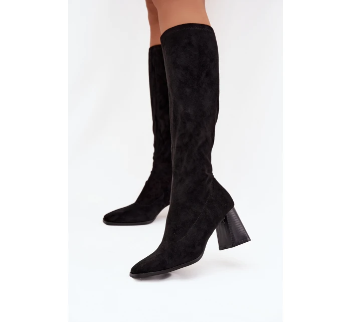 Dámské kozačky na sloupkovém podpatku s prošitím Celandine – černé Dámské kozačky na sloupkovém podpatku s prošitím Celandine – černé