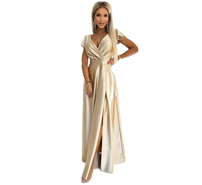411-7 CRYSTAL saténové dlouhé šaty s výstřihem - ZLATÉ 411-7 CRYSTAL saténové dlouhé šaty s výstřihem - ZLATÉ