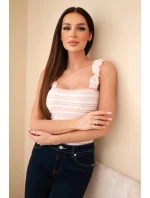 Dámská žebrovaná pruhovaná halenka na ramínkách s volánkem pudrově růžová