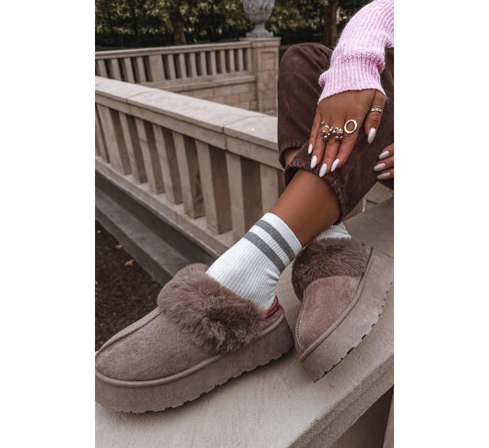 Dámské sněhule Querina na platformě s kožešinou a výšivkou – tmavě béžové