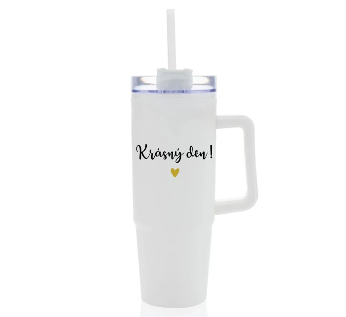 KRÁSNÝ DEN - bílý cestovní termohrnek s průhledným víčkem 900 ml  