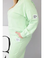Dámská souprava Plus Size bavlněná s volnou mikinou a kalhotami s širokou nohavicí pistáciová