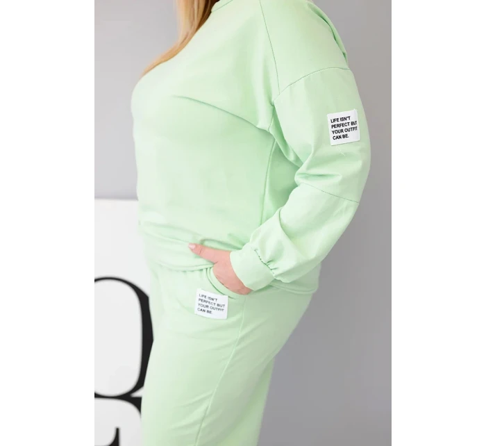 Dámská souprava Plus Size bavlněná s volnou mikinou a kalhotami s širokou nohavicí pistáciová