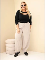 Dámské kalhoty bavlněné Plus Size manšestrové s gumou v pase a kapsami béžové