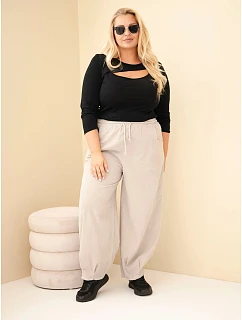 Dámské kalhoty bavlněné Plus Size manšestrové s gumou v pase a kapsami béžové