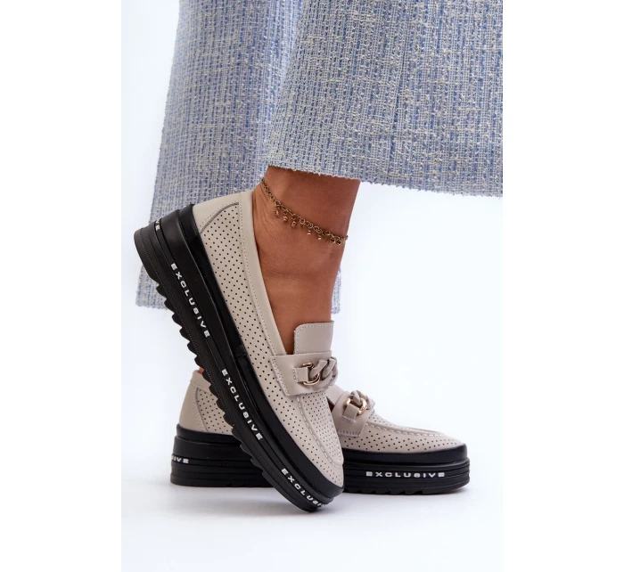 Dámské Kožené mokasíny Na Platformě S řetízkem S.Barski béžová Dámské Kožené mokasíny Na Platformě S řetízkem S.Barski béžová