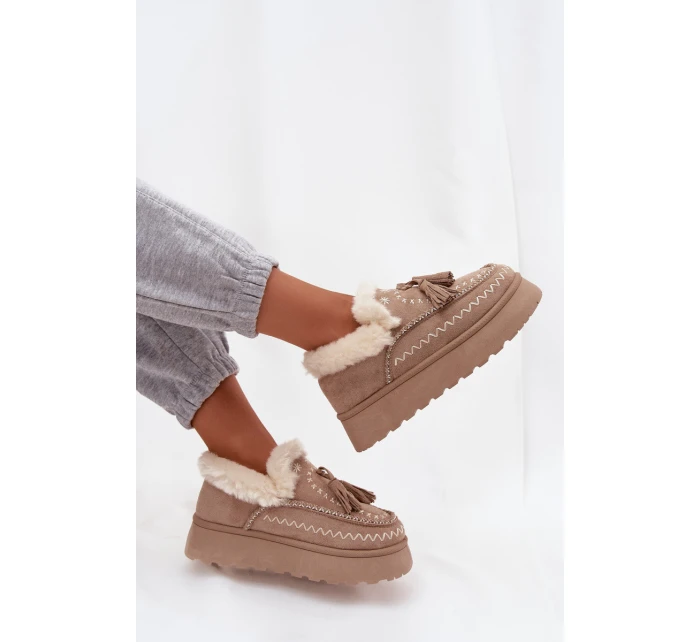 Dámské sněhule na platformě s kožíškem a třásněmi béžové Ferayne Dámské sněhule na platformě s kožíškem a třásněmi béžové Ferayne
