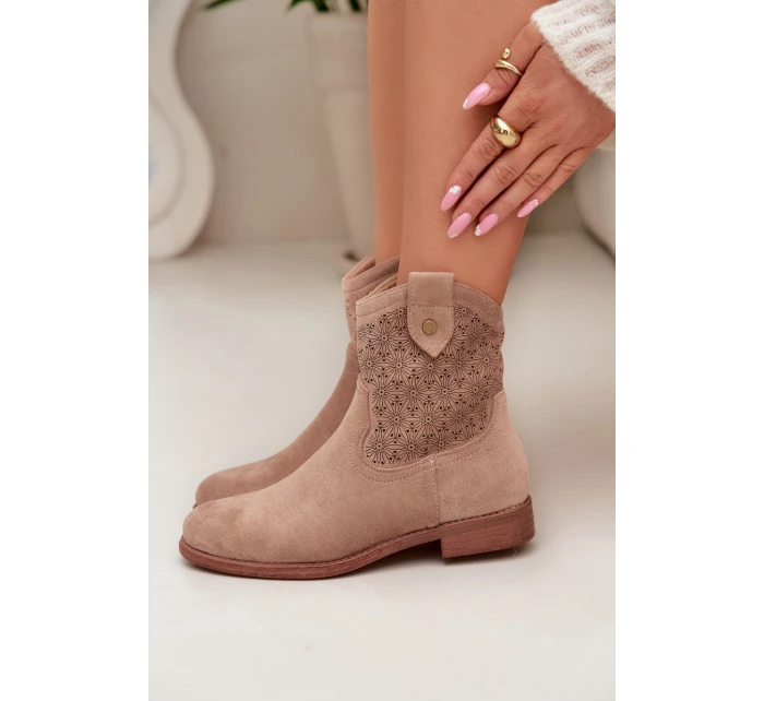Dámské kotníkové boty na nízkém podpatku s vzorem Béžové model 22007414 - S.Barski Dámské kotníkové boty na nízkém podpatku s vzorem Béžové model 22007414 - S.Barski
