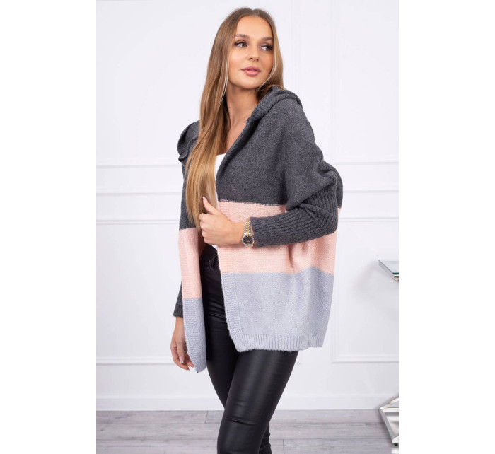 Tříbarevný svetr s kapucí grafitová+pudrově růžová+šedá