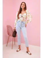 Dámská španělská halenka s květinovým vzorem, dlouhý rukáv béžový