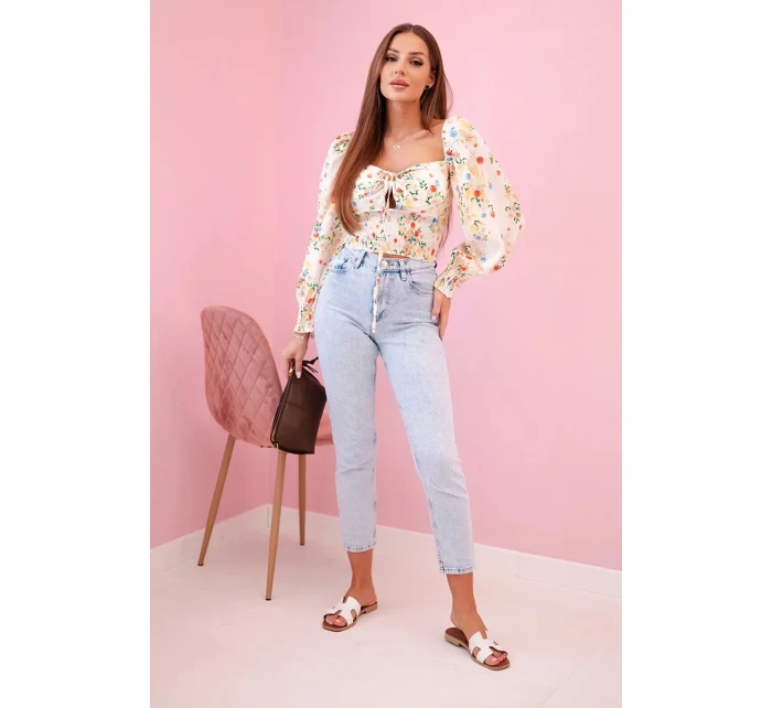 Dámská španělská halenka s květinovým vzorem, dlouhý rukáv béžový