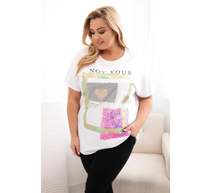 Dámská bavlněná halenka Plus Size se zlatým nápisem bílá + zelená