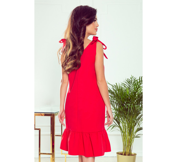 ROSITA - Červené dámské šaty s mašličkami na ramenou a s volánkem 306-1