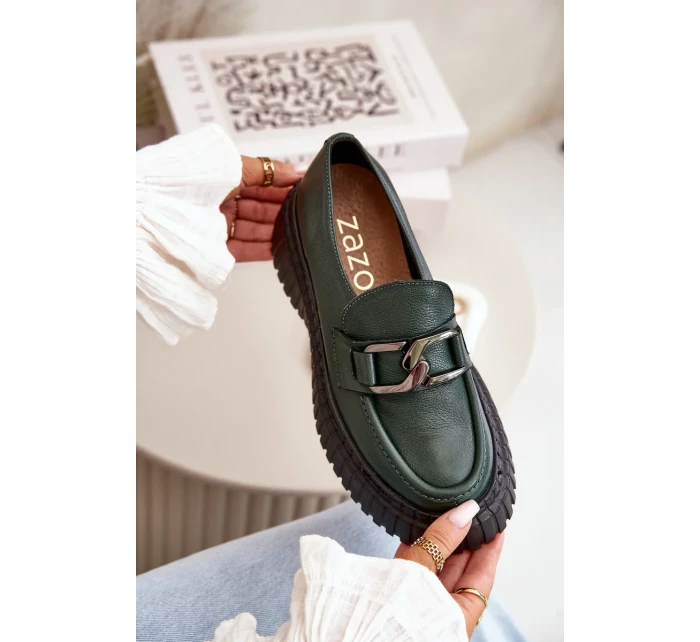 Zazoo Polobotky Mokasíny Dámské Z Přírodní Kůže Tmavě Zelené