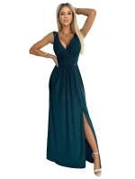 Dlouhé dámské šaty v lahvově zelené barvě s výstřihem a rozparkem na noze model 18568266 - numoco
