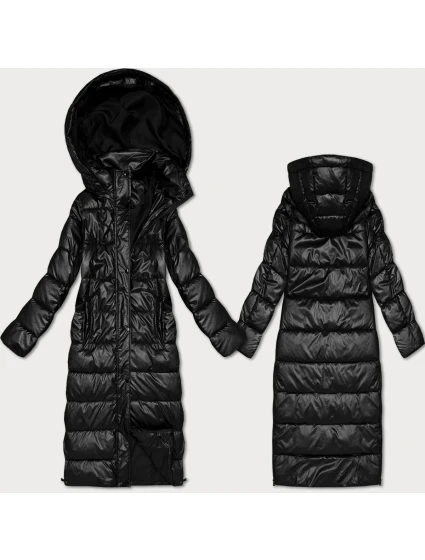 Černá dlouhá prošívaná bunda pro přechodné období s kapucí (T3-2629#-1)