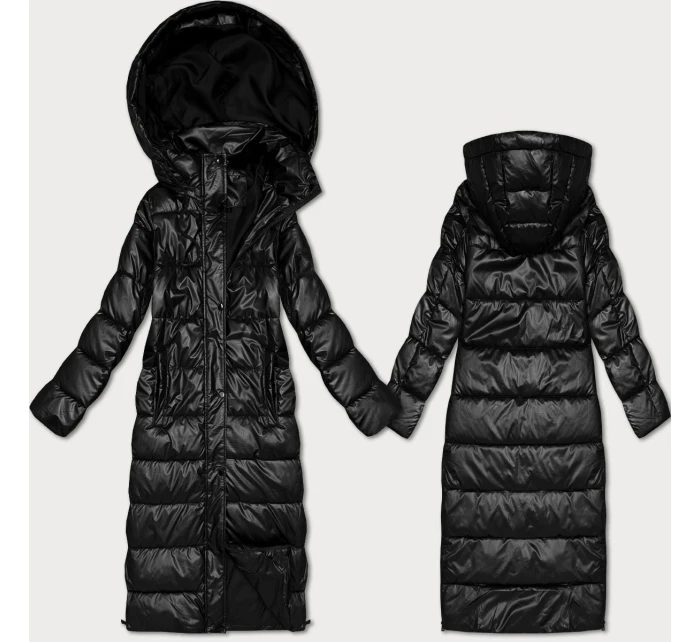 Černá dlouhá prošívaná bunda pro přechodné období s kapucí (T3-2629#-1)