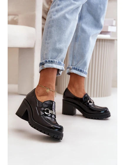 model 21669276 Lakované Polobotky Dámské Na Podpatku Přírodní Kůže Černé - Zazoo