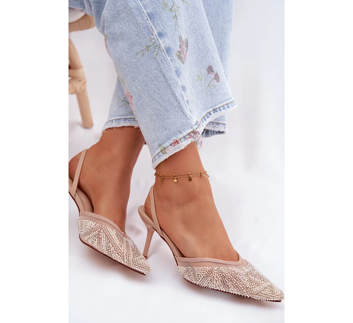 Ozdobené sandály s síťkou na jehle Béžové Bedira