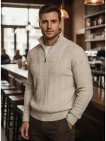 Pánský svetr se stojáčkem béžový FashionStreet WX2327 Pánský svetr se stojáčkem béžový FashionStreet WX2327