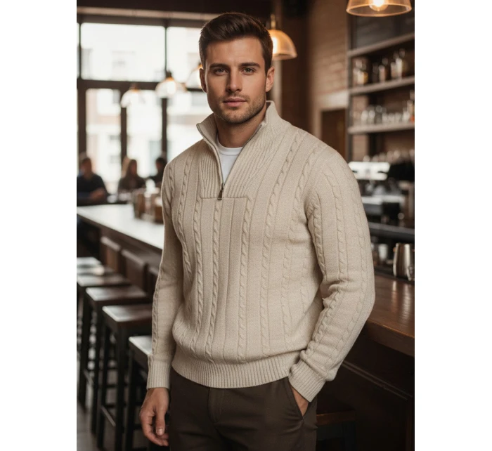 Pánský svetr se stojáčkem béžový FashionStreet WX2327 Pánský svetr se stojáčkem béžový FashionStreet WX2327