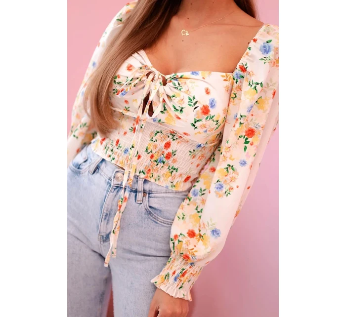 Dámská španělská halenka s květinovým vzorem, dlouhý rukáv béžový