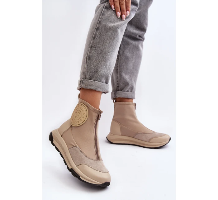 Dámské kožené boty s zipem model 21639047 béžové - Maciejka Dámské kožené boty s zipem model 21639047 béžové - Maciejka