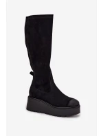Dámské kozačky nad kolena na platformě a klínku Vinceza – černé Dámské kozačky nad kolena na platformě a klínku Vinceza – černé