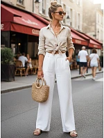 Dámské lněné kalhoty s širokými nohavicemi bílé UY3078 - FashionStreet Dámské lněné kalhoty s širokými nohavicemi bílé UY3078 - FashionStreet