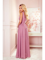 JUSTINE - Dlouhé dámské šaty v pudrově růžové barvě s brokátem, s výstřihem a zavazováním 362-1