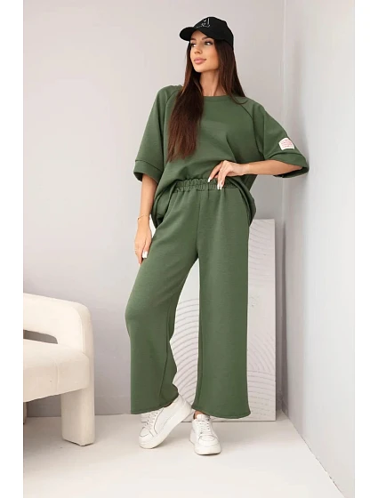 Dámská model 22216306 měkká viskózová souprava mikina a široké kalhoty khaki - K-Fashion Dámská model 22216306 měkká viskózová souprava mikina a široké kalhoty khaki - K-Fashion