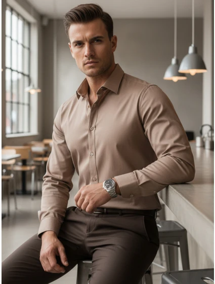 Pánská elegantní hladká béžová košile REGULAR FIT FashionStreet DX2686