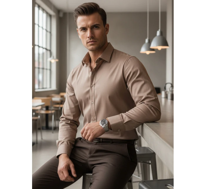 Pánská elegantní hladká béžová košile REGULAR FIT FashionStreet DX2686