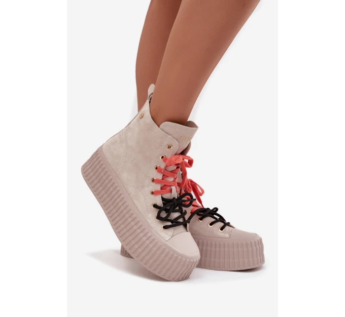Dámské zateplené semišové trampky na masivní platformě GOE – béžové