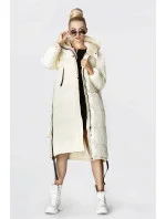 Dlouhá zimní bunda v barvě ecru z různých spojeným materiálů (jin-210)