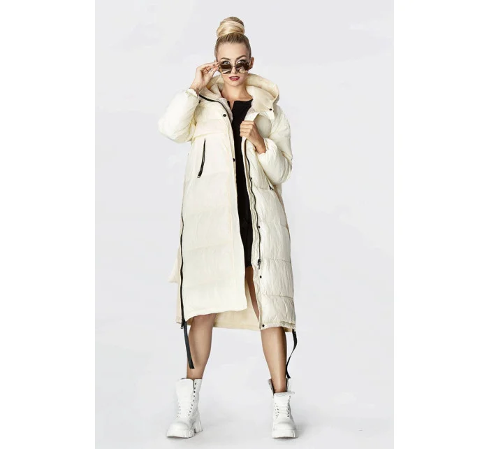 Dlouhá zimní bunda v barvě ecru z různých spojeným materiálů (jin-210)