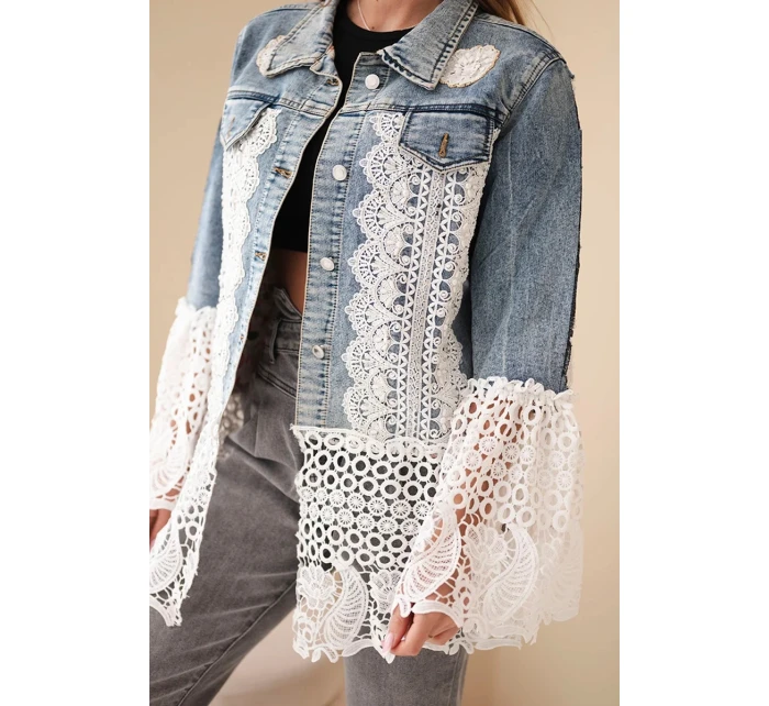 Dámská džínová bunda z bavlny a květinovou krajkou tmavě džínová