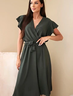 Dámské zavinovací midi šaty s páskem a krátkým rukávem khaki