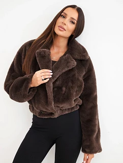 Dámská kožešinová bomber bunda s límcem a kapsami hnědá