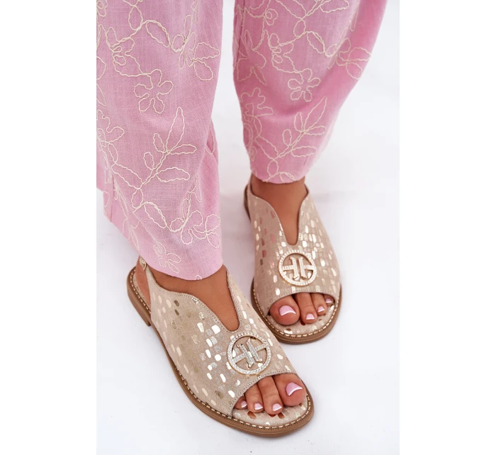 Kožené Sandály Na Plochém Podpatku S Ozdobou model 21696730 Zlaté - S.Barski