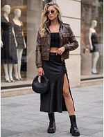 Dámská kožená bomber bunda na přechodné období, hnědá, FashionStreet TY5874 Dámská kožená bomber bunda na přechodné období, hnědá, FashionStreet TY5874