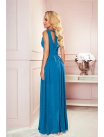 362-4 JUSTINE Dlouhé šaty s výstřihem a zavazováním - MODRÉ