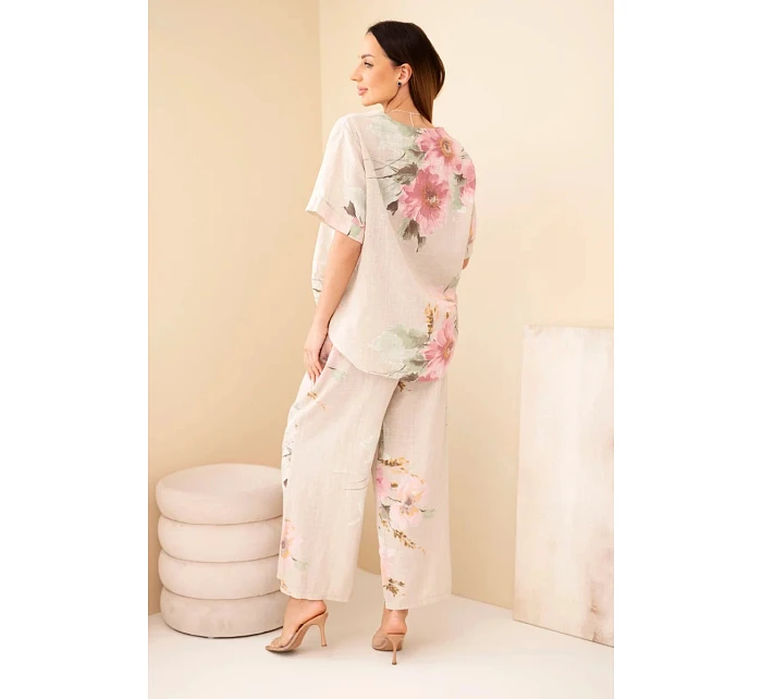 Dámský bavlněný komplet s krátkým rukávem a širokými nohavicemi béžový