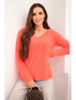 Dámský svetr z měkké pleteniny s výstřihem do V korálový Dámský svetr z měkké pleteniny s výstřihem do V korálový